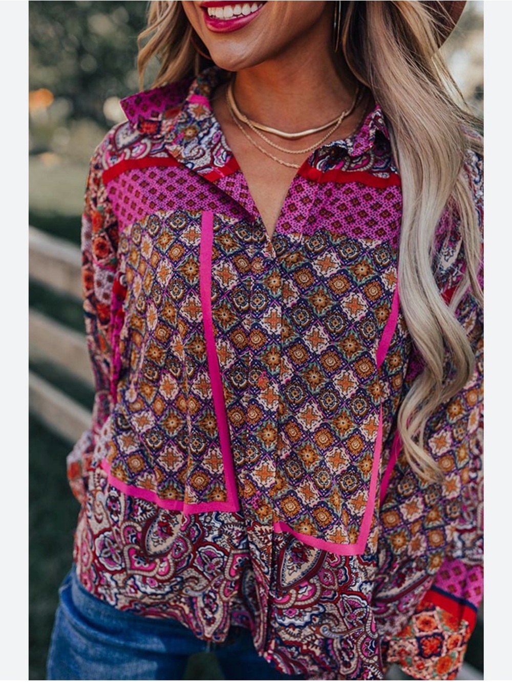 eesome Multicolor Button-Front Mixed Print Blouse with Pink Accents